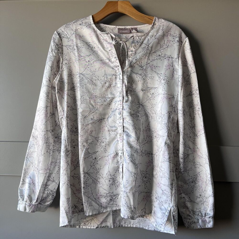 Chicos Shirt Womens Small White Floral Branch Print Henley Long Sleeve Blouse 0 - Picture 1 of 12